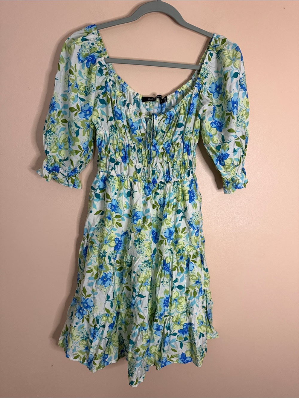 Smocked Floral Mini Dress in Blue & Green